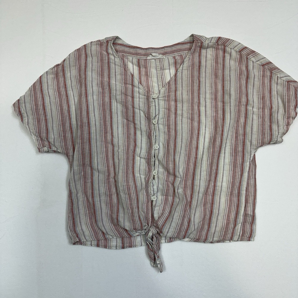 Beach Lunch Lounge Linen Blend Striped Tie Front Women M Coastal Boho Beach‎